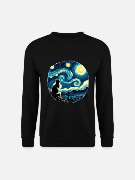Gemälde Sternennacht Katze Nacht Mond Sterne Kunst - Unisex Pullover - Schwarz