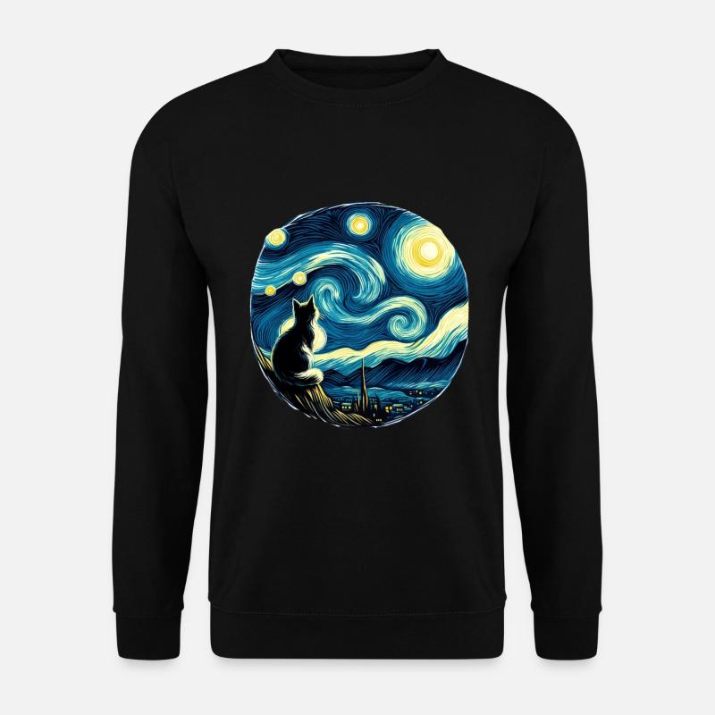 Gemälde Sternennacht Katze Nacht Mond Sterne Kunst - Unisex Pullover - Schwarz