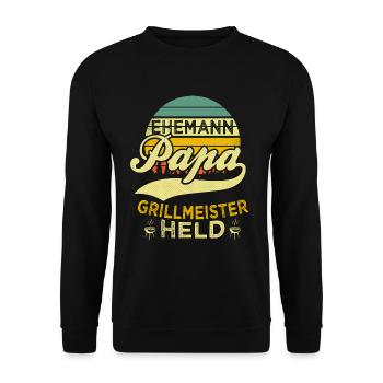 EHEMANN PAPA GRILLMEISTER HELD - Geschenkidee Papa - Unisex Pullover - Schwarz - Vorne - Alina (178cm) & Michal (187cm)