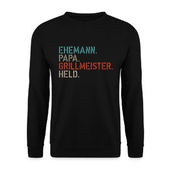EHEMANN PAPA GRILLMEISTER HELD - Papa Geschenkidee - Unisex Pullover - Schwarz - Vorne - Alina (178cm) & Michal (187cm)