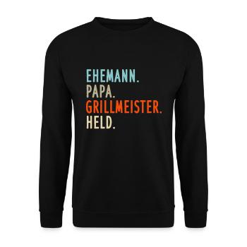EHEMANN PAPA GRILLMEISTER HELD - Papa Geschenkidee - Unisex Pullover - Schwarz - Vorne - Alina (178cm) & Michal (187cm)