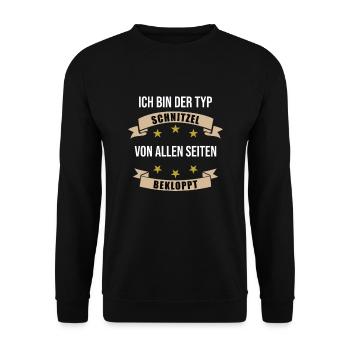 Typ Schnitzel Fleisch Essen Lustiger Spruch - Unisex Pullover - Schwarz - Vorne - Alina (178cm) & Michal (187cm)