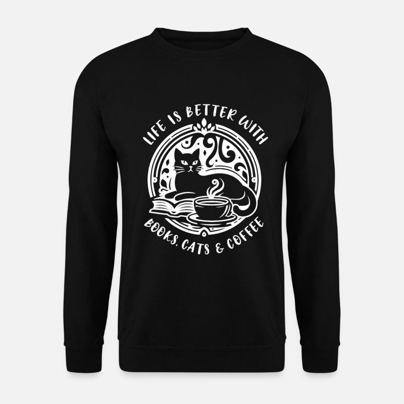 Lebe glücklich mit Katzen Kaffee Bücher Katzenmama - Unisex Pullover - Schwarz