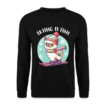 Niedliches Lama mit Strickmütze fährt Ski lustig - Unisex Pullover - Schwarz - Vorne - Alina (178cm) & Michal (187cm)