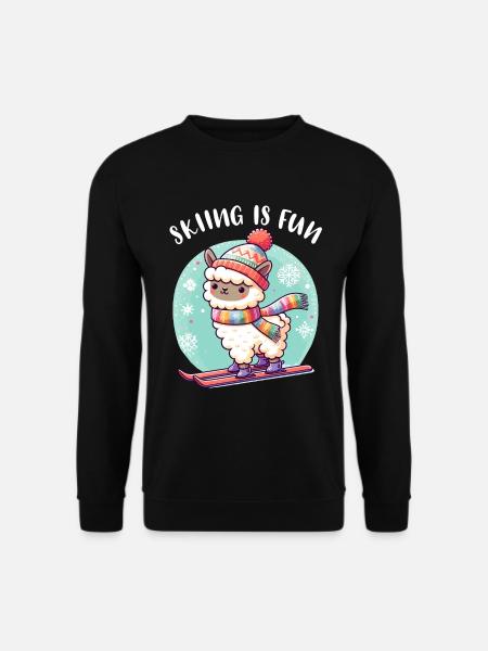 Niedliches Lama mit Strickmütze fährt Ski lustig - Unisex Pullover - Schwarz