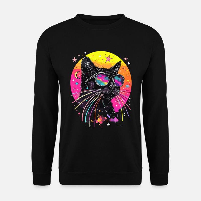 Schwarze Katze Neon 80er Jahre Sonnenbrille Cool - Unisex Pullover - Schwarz