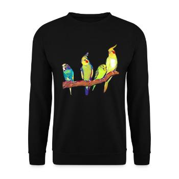 Vogelbande Wellensittich und Nymphensittich - Unisex Pullover - Schwarz - Vorne - Alina (178cm) & Michal (187cm)