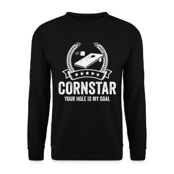 Cornhole Cornstar Dein Loch Ist Mein Ziel - Unisex Pullover - Schwarz - Vorne - Alina (178cm) & Michal (187cm)