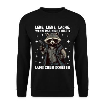 Waschbär Lebe Liebe Lache Wenn das nicht hilft - Unisex Pullover - Schwarz - Vorne - Alina (178cm) & Michal (187cm)