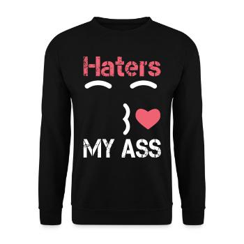 Haters kiss my ass. Hate küssen kuss smiley Herz - Unisex Pullover - Schwarz - Vorne - Alina (178cm) & Michal (187cm)