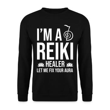 Reiki Meister Superkraft | Reikimeister Geschenke - Unisex Pullover - Schwarz - Vorne - Alina (178cm) & Michal (187cm)