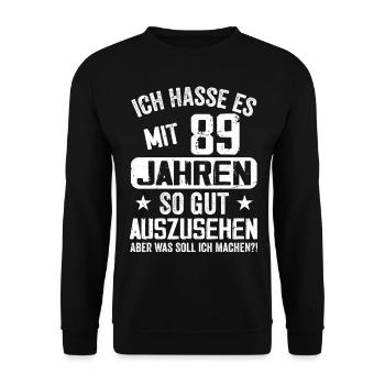 89 Jahre Jung - Vintage Geburtstagsspruch - Unisex Pullover - Schwarz - Vorne - Alina (178cm) & Michal (187cm)