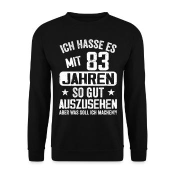 83 Jahre Jung - Vintage Geburtstagsspruch - Unisex Pullover - Schwarz - Vorne - Alina (178cm) & Michal (187cm)
