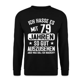 79 Jahre Jung - Vintage Geburtstagsspruch - Unisex Pullover - Schwarz - Vorne - Alina (178cm) & Michal (187cm)