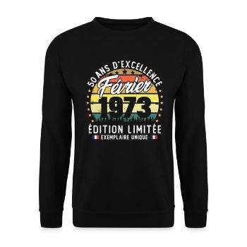 Vintage Cadeau Anniversaire 50 Ans Février 1973 - Sweat-shirt Unisexe - noir - Devant - Alina (178cm) & Michal (187cm)