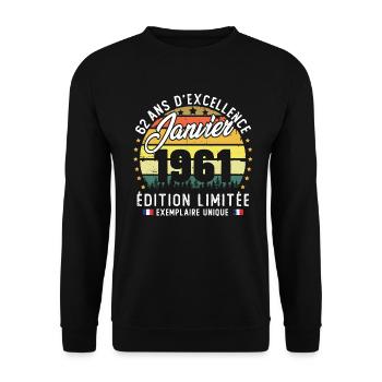 Vintage Cadeau Anniversaire 62 Ans Janvier 1961 - Sweat-shirt Unisexe - noir - Devant - Alina (178cm) & Michal (187cm)