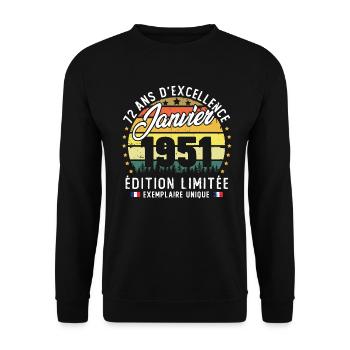 Vintage Cadeau Anniversaire 72 Ans Janvier 1951 - Sweat-shirt Unisexe - noir - Devant - Alina (178cm) & Michal (187cm)