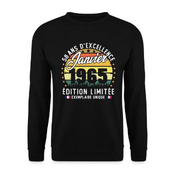 Vintage Cadeau Anniversaire 58 Ans Janvier 1965 - Sweat-shirt Unisexe - noir - Devant - Alina (178cm) & Michal (187cm)