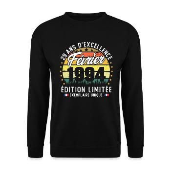 Vintage Cadeau Anniversaire 29 Ans Février 1994 - Sweat-shirt Unisexe - noir - Devant - Alina (178cm) & Michal (187cm)