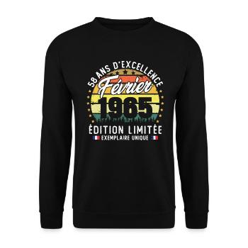 Vintage Cadeau Anniversaire 58 Ans Février 1965 - Sweat-shirt Unisexe - noir - Devant - Alina (178cm) & Michal (187cm)