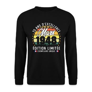Vintage Cadeau Anniversaire 75 Ans Mars 1948 - Sweat-shirt Unisexe - noir - Devant - Alina (178cm) & Michal (187cm)