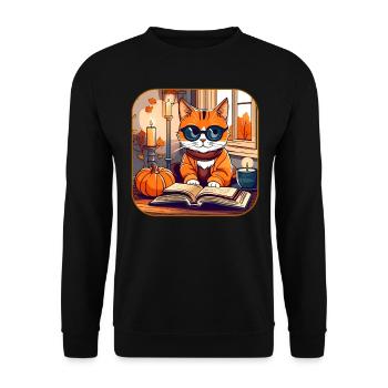 Niedliche Katze im Herbst Feeling - Unisex Pullover - Schwarz - Vorne - Alina (178cm) & Michal (187cm)