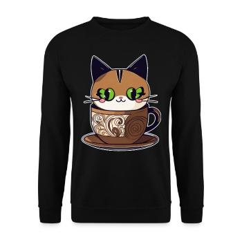 Niedliche Kaffee Katze - Unisex Pullover - Schwarz - Vorne - Alina (178cm) & Michal (187cm)