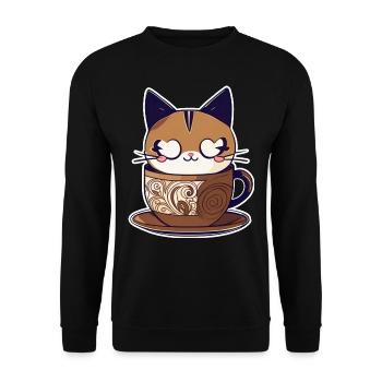 Niedliche Kaffee Katze - Unisex Pullover - Schwarz - Vorne - Alina (178cm) & Michal (187cm)