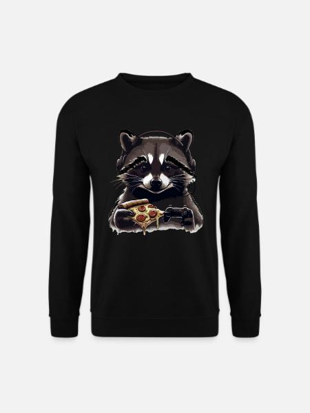 Lustiges Waschbär Gaming Pizza Gamer Zocker Zocken - Unisex Pullover - Schwarz