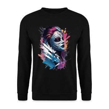 "Color Clash: Die Stilvolle Maskenfrau" - Unisex Pullover - Schwarz - Vorne - Alina (178cm) & Michal (187cm)