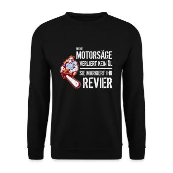 Witziges Motorsägen T-Shirt - Unisex Pullover - Schwarz - Vorne - Alina (178cm) & Michal (187cm)