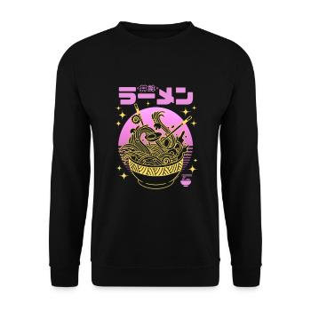 Neonrosa Sonnenuntergang - Goldene Ramen-Schüssel - Unisex Pullover - Schwarz - Vorne - Alina (178cm) & Michal (187cm)