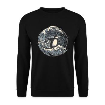 Penguin surfing on wave - Unisex Sweatshirt - black - Front - Alina (178cm) & Michal (187cm)