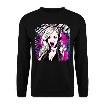 Coole Musik Girl mit Kopfhörer in Pink Rock Pop - Unisex Pullover - Schwarz - Vorne - Alina (178cm) & Michal (187cm)