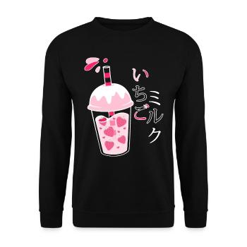 Erdbeermilch, Japanisch, Kawaii, Strawberry Milk - Unisex Pullover - Schwarz - Vorne - Alina (178cm) & Michal (187cm)