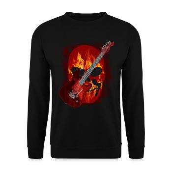 Gitarre, Totenkopf mit Flammen, Feuer - Unisex Pullover - Schwarz - Vorne - Alina (178cm) & Michal (187cm)