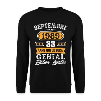 Cadeau D'anniversaire 33 Ans Septembre 1989 Rétro - Sweat-shirt Unisexe - noir - Devant - Alina (178cm) & Michal (187cm)