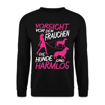 Vorsicht Frau Frauchen High Heels Hunde Spazieren - Unisex Pullover - Schwarz - Vorne - Alina (178cm) & Michal (187cm)