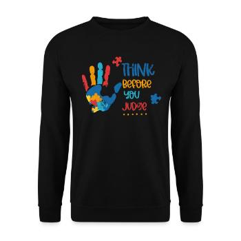 NACH DENKEN VOR URTEILEN HAND PUZZLE MOTIVE SPRUCH - Unisex Pullover - Schwarz - Vorne - Alina (178cm) & Michal (187cm)