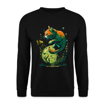 Fantasy Cat Playing with Gold Fish - Unisex Sweatshirt - black - Front - Alina (178cm) & Michal (187cm)