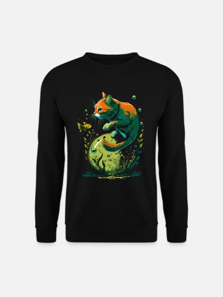 Fantasy Katze spielt mit Goldfischen - Unisex Pullover - Schwarz