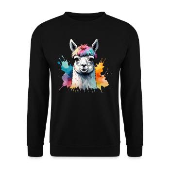 Alpaka Lama Buntes kühles Aquarell - Unisex Pullover - Schwarz - Vorne - Alina (178cm) & Michal (187cm)