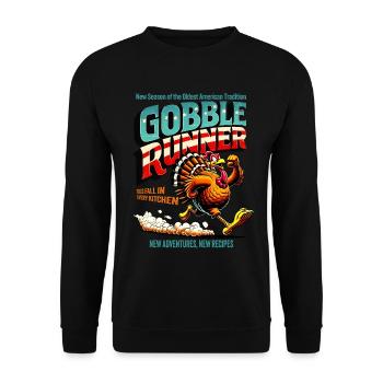 Gobble Runner – Thanksgiving Truthahn Fun Design - Unisex Pullover - Schwarz - Vorne - Alina (178cm) & Michal (187cm)