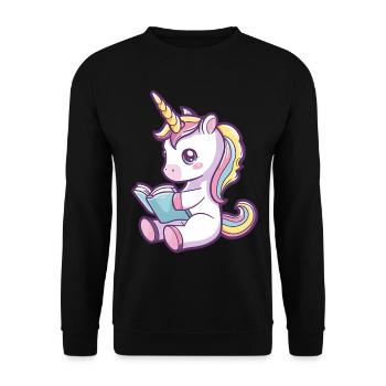 Niedliches Einhorn Cartoon liest ein Buch - Unisex Pullover - Schwarz - Vorne - Alina (178cm) & Michal (187cm)