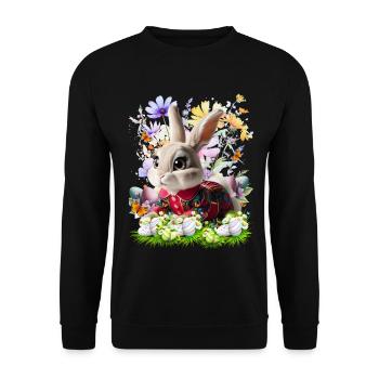 Osterhase im Blumenfeld - Unisex Pullover - Schwarz - Vorne - Alina (178cm) & Michal (187cm)