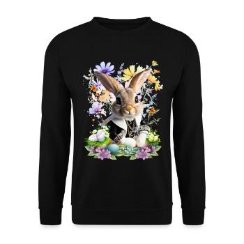 Eleganter Osterhase im Blumenfeld - Unisex Pullover - Schwarz - Vorne - Alina (178cm) & Michal (187cm)