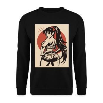 Pinup Cartoon einer Kämpferin - Unisex Pullover - Schwarz - Vorne - Alina (178cm) & Michal (187cm)