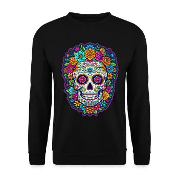 Tête de mort mexicaine sugar skull crâne fleurs - Sweat-shirt Unisexe - noir - Devant - Alina (178cm) & Michal (187cm)