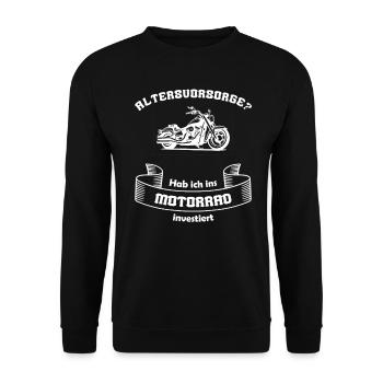 Altersvorsorge Motorrad – Biker Spruch - Unisex Pullover - Schwarz - Vorne - Alina (178cm) & Michal (187cm)