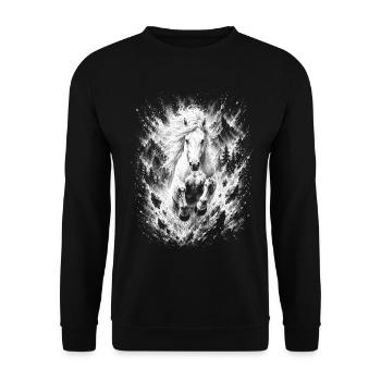 Majestätisches weißes Pferd im Galopp in Natur - Unisex Pullover - Schwarz - Vorne - Alina (178cm) & Michal (187cm)